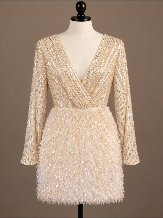 Shein curve Dresses & Skirts - Sequin Fringe Mini Dress Ivory Gold 1XL